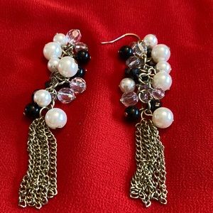 Vintage black white and Krystal earrings with seven strands of chain.
